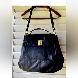 J. CREW Brompton Hobo Flap Bag Purse Satchel Black Pebbled Soft Leather Large